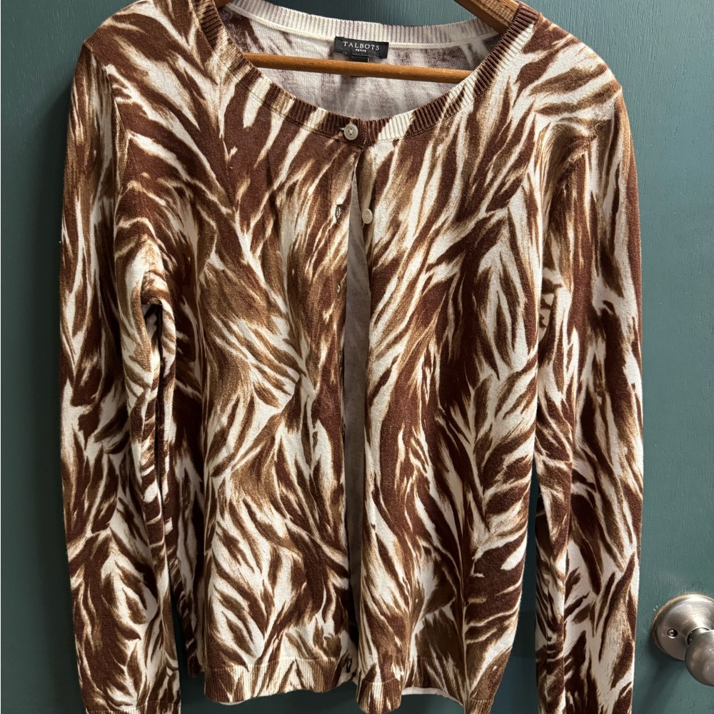 TALBOTS brown and white fern-like feathered cardigan